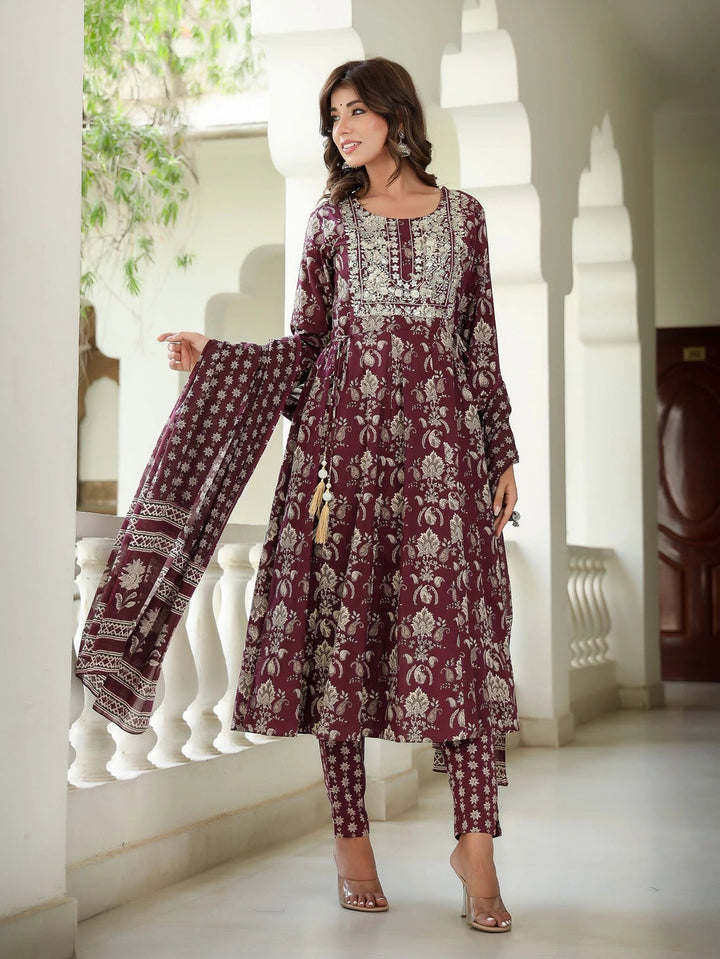 Maroon Floral Embroidered Regular Thread Work Pure Cotton Kurta with Trousers & With Dupatta-Yufta Store-1587SKDMRS