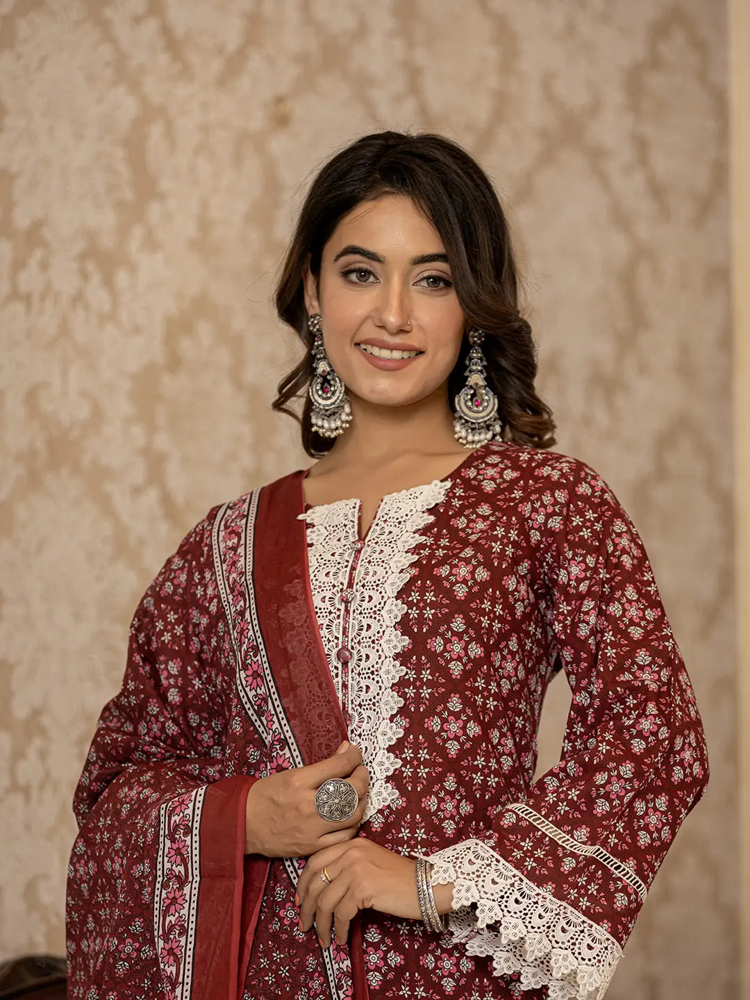 Maroon Floral Print Pakistani Style Kurta Trouser And Dupatta Set-Yufta Store-6854SKDMRS