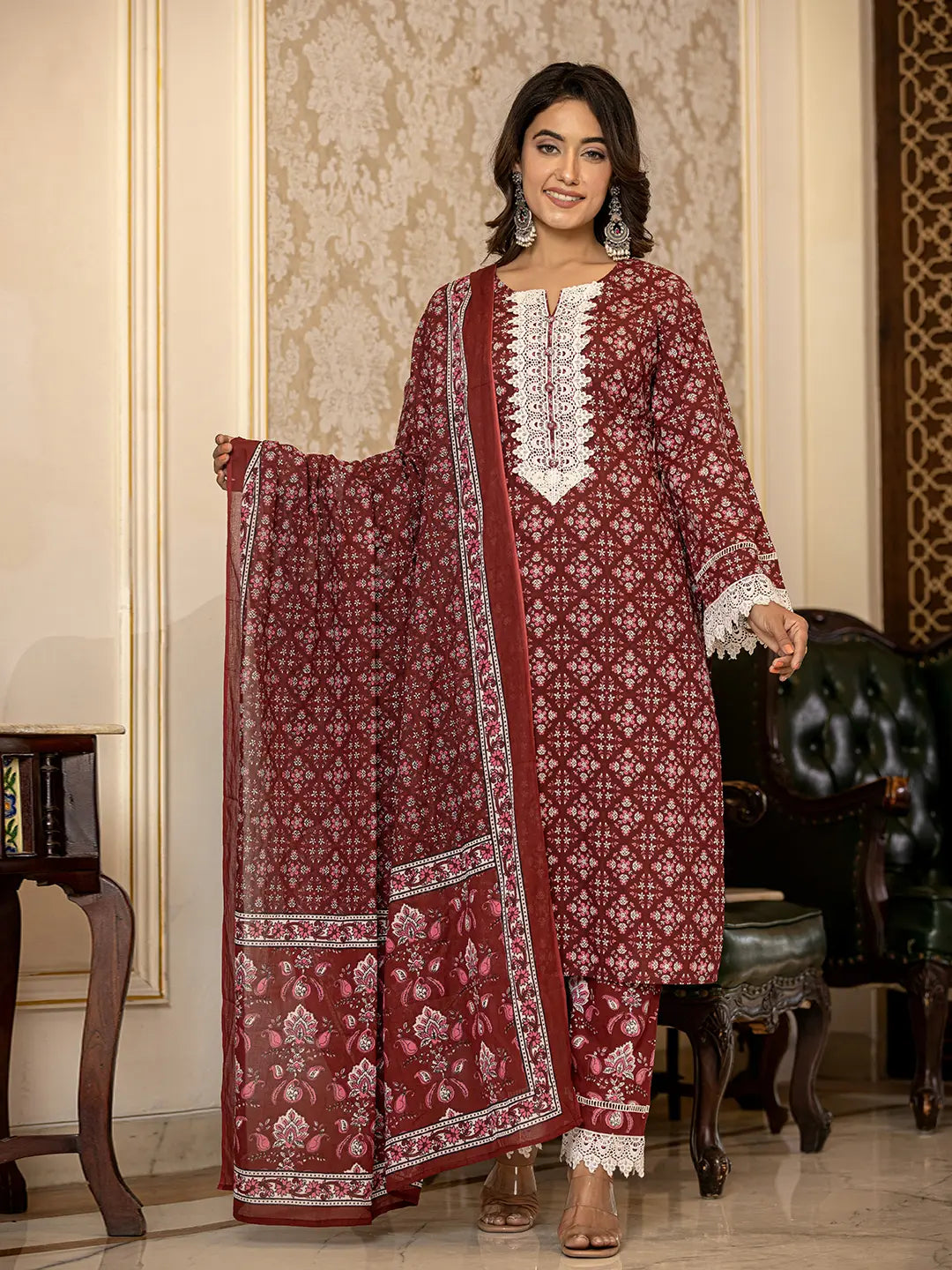 Maroon Floral Print Pakistani Style Kurta Trouser And Dupatta Set-Yufta Store-6854SKDMRS
