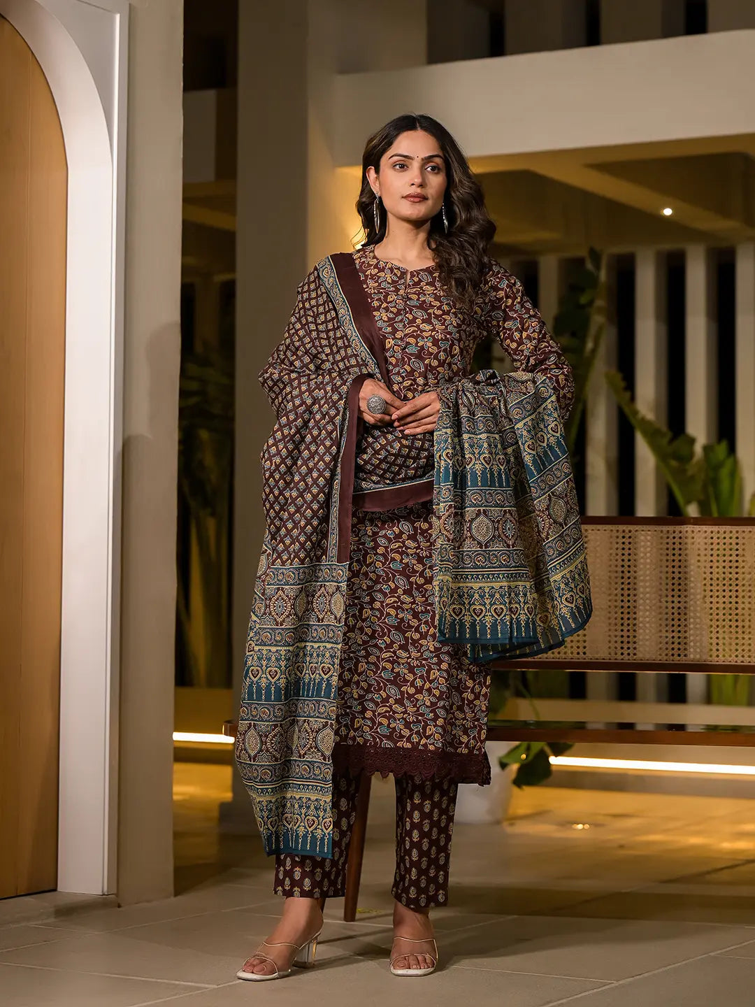 Maroon Floral Print Piping On Yoke Pakistani Style Kurta With Trousers And Dupatta Set-Yufta Store-1009SKDMRS