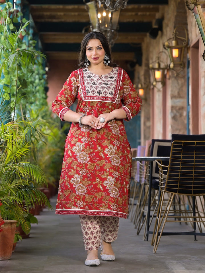 Maroon Floral Print Pure Cotton Plus size Kurta with Trouser & With Dupatta