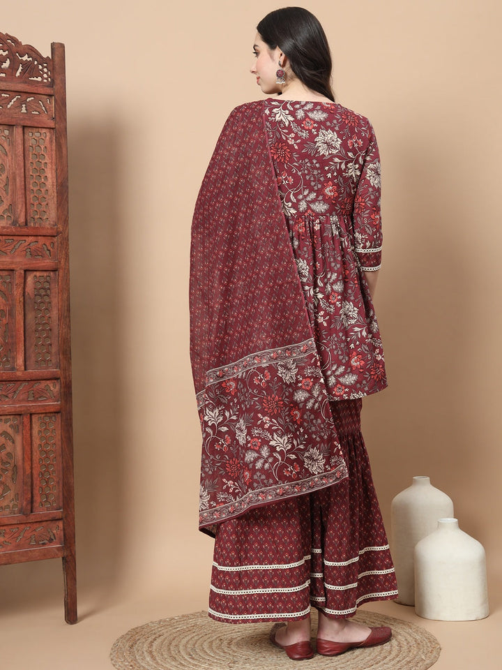 Maroon Floral Print Straight Alia-Cut Kurta Sharara And Dupatta Set-Yufta Store-1850SKDMRS