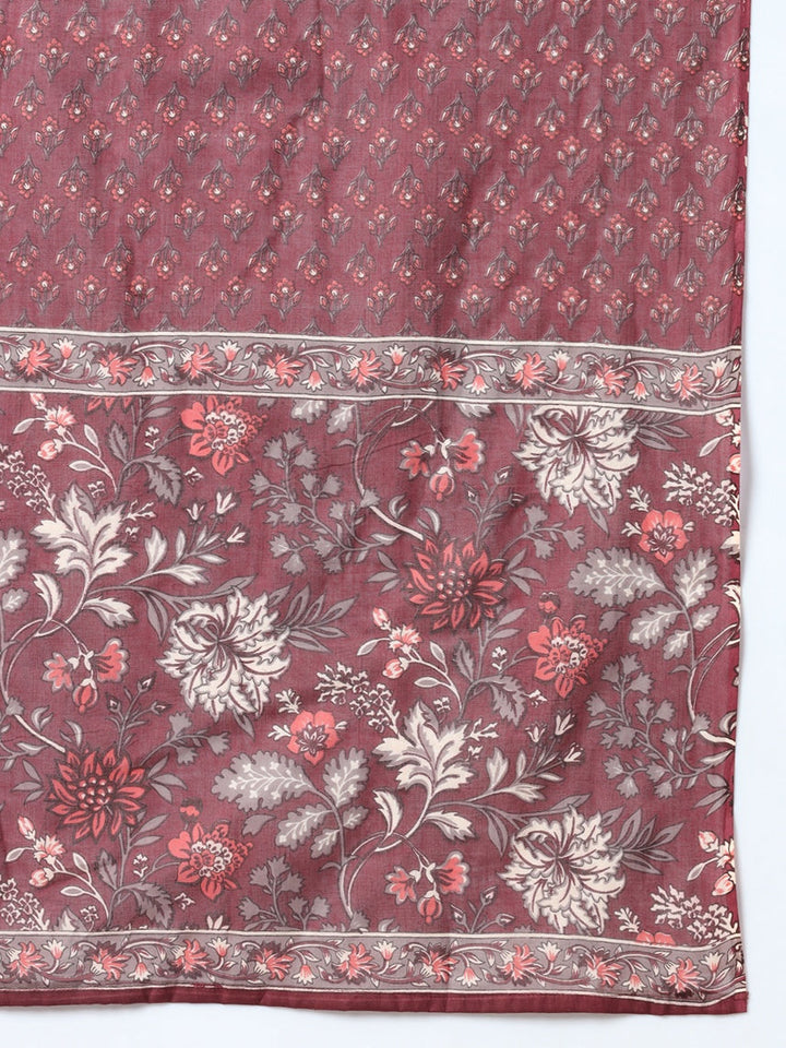 Maroon Floral Print Straight Alia-Cut Kurta Sharara And Dupatta Set-Yufta Store-1850SKDMRS