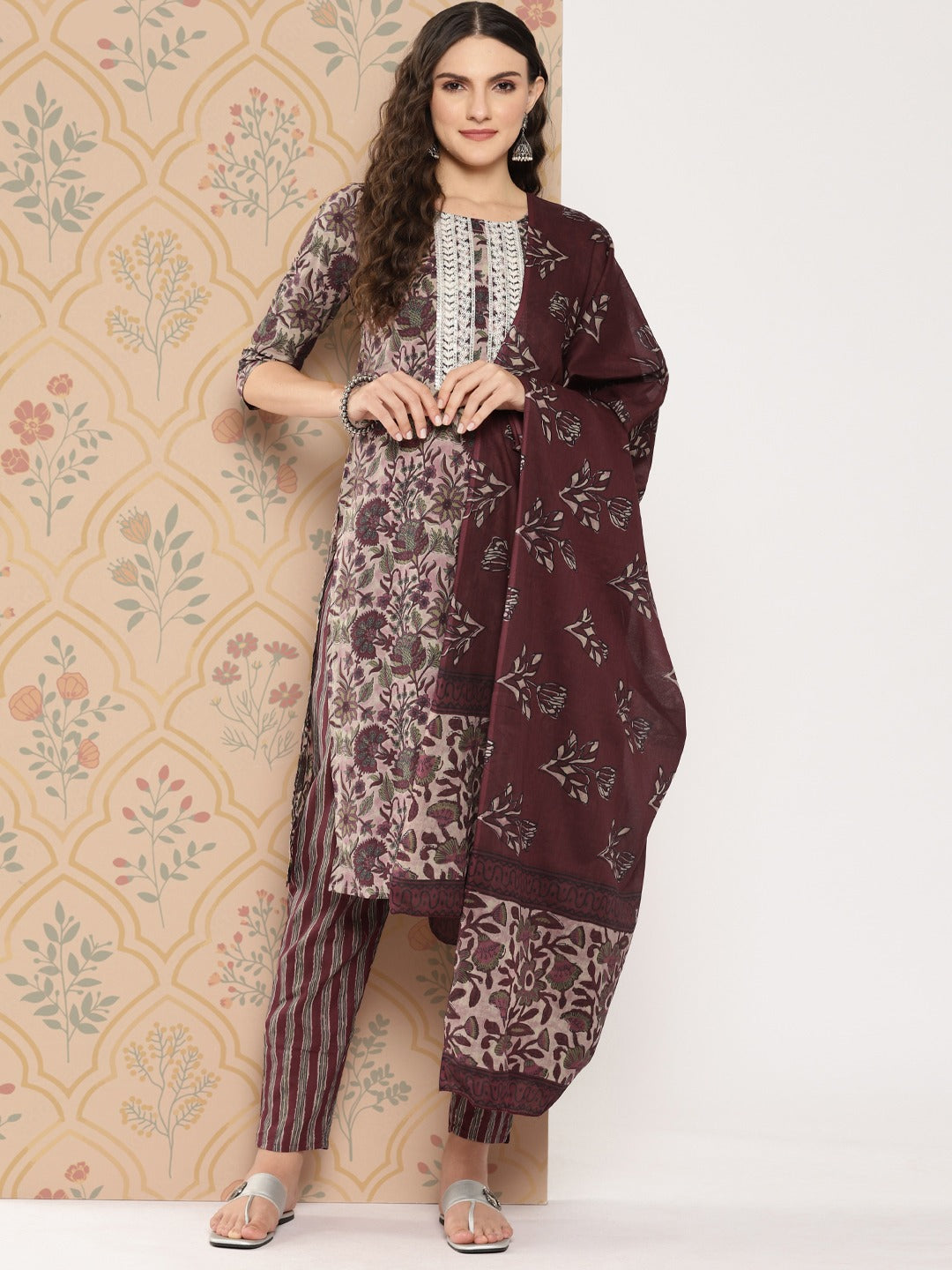 Maroon Floral Print thread Work Pure Cotton Kurta with Trousers & Dupatta Set-Yufta Store-1442SKDMRS