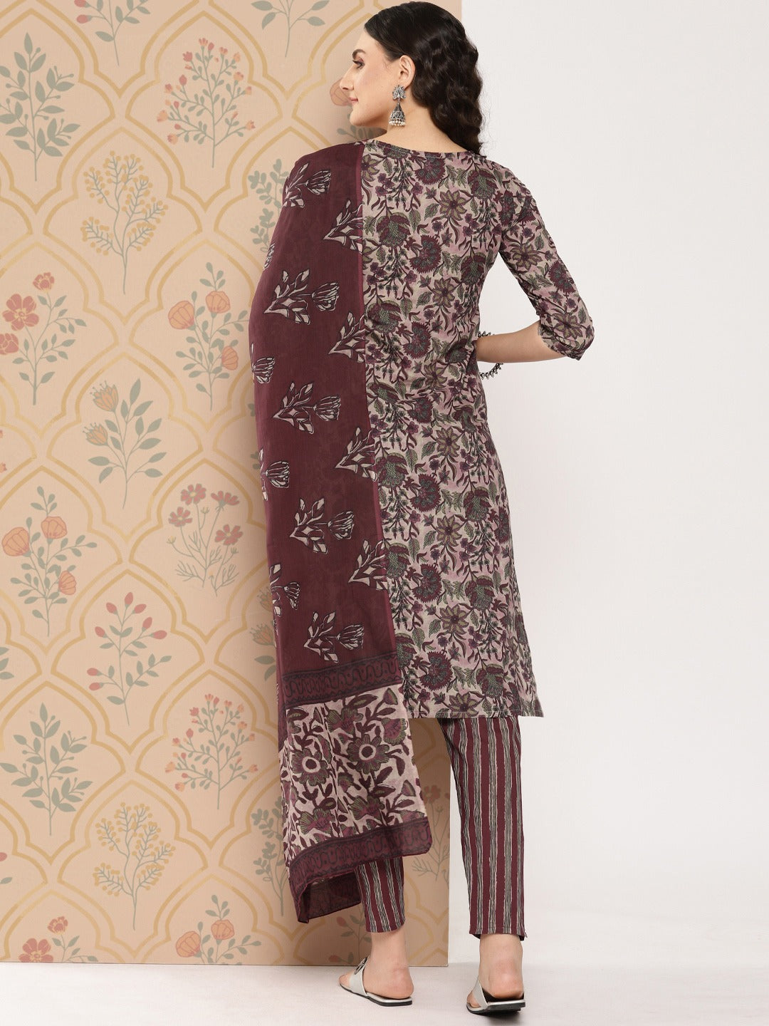 Maroon Floral Print thread Work Pure Cotton Kurta with Trousers & Dupatta Set-Yufta Store-1442SKDMRS