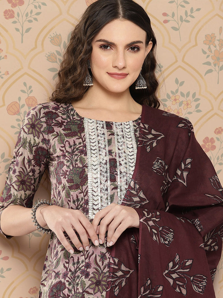 Maroon Floral Print thread Work Pure Cotton Kurta with Trousers & Dupatta Set-Yufta Store-1442SKDMRS