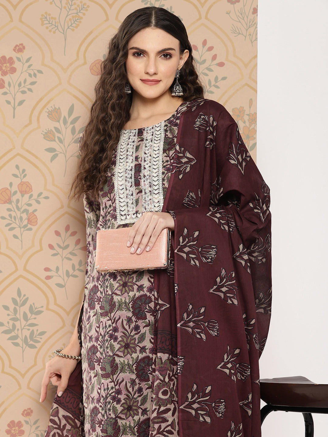 Maroon Floral Print thread Work Pure Cotton Kurta with Trousers & Dupatta Set-Yufta Store-1442SKDMRS