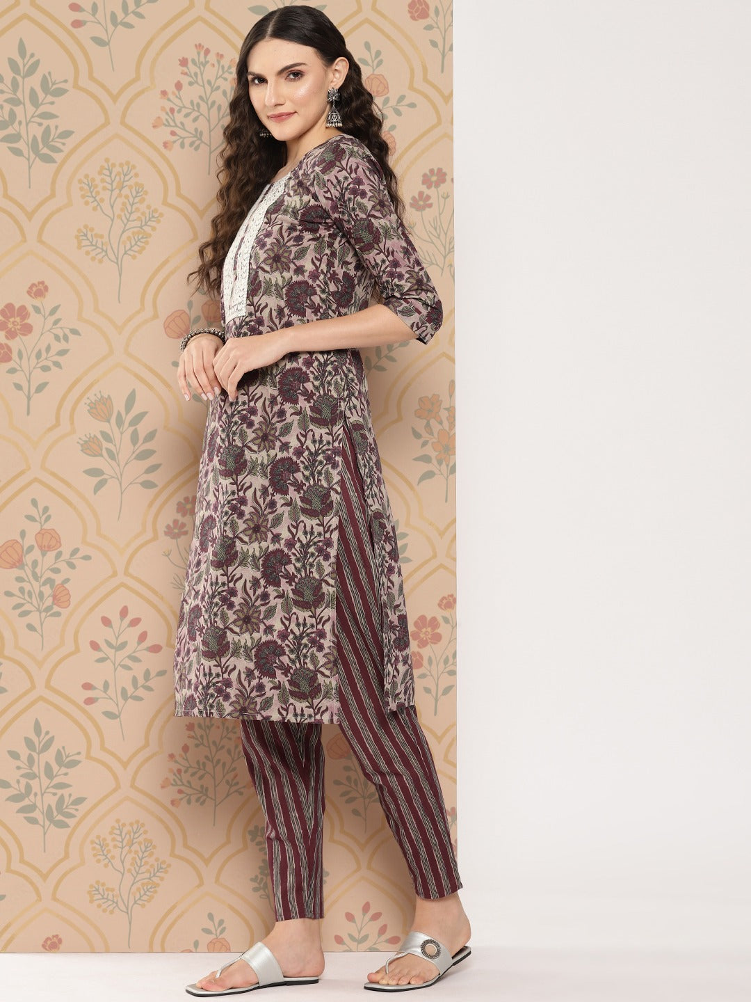 Maroon Floral Print thread Work Pure Cotton Kurta with Trousers & Dupatta Set-Yufta Store-1442SKDMRS