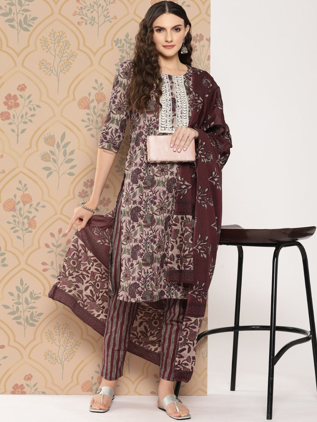 Maroon Floral Print thread Work Pure Cotton Kurta with Trousers & Dupatta Set-Yufta Store-1442SKDMRS