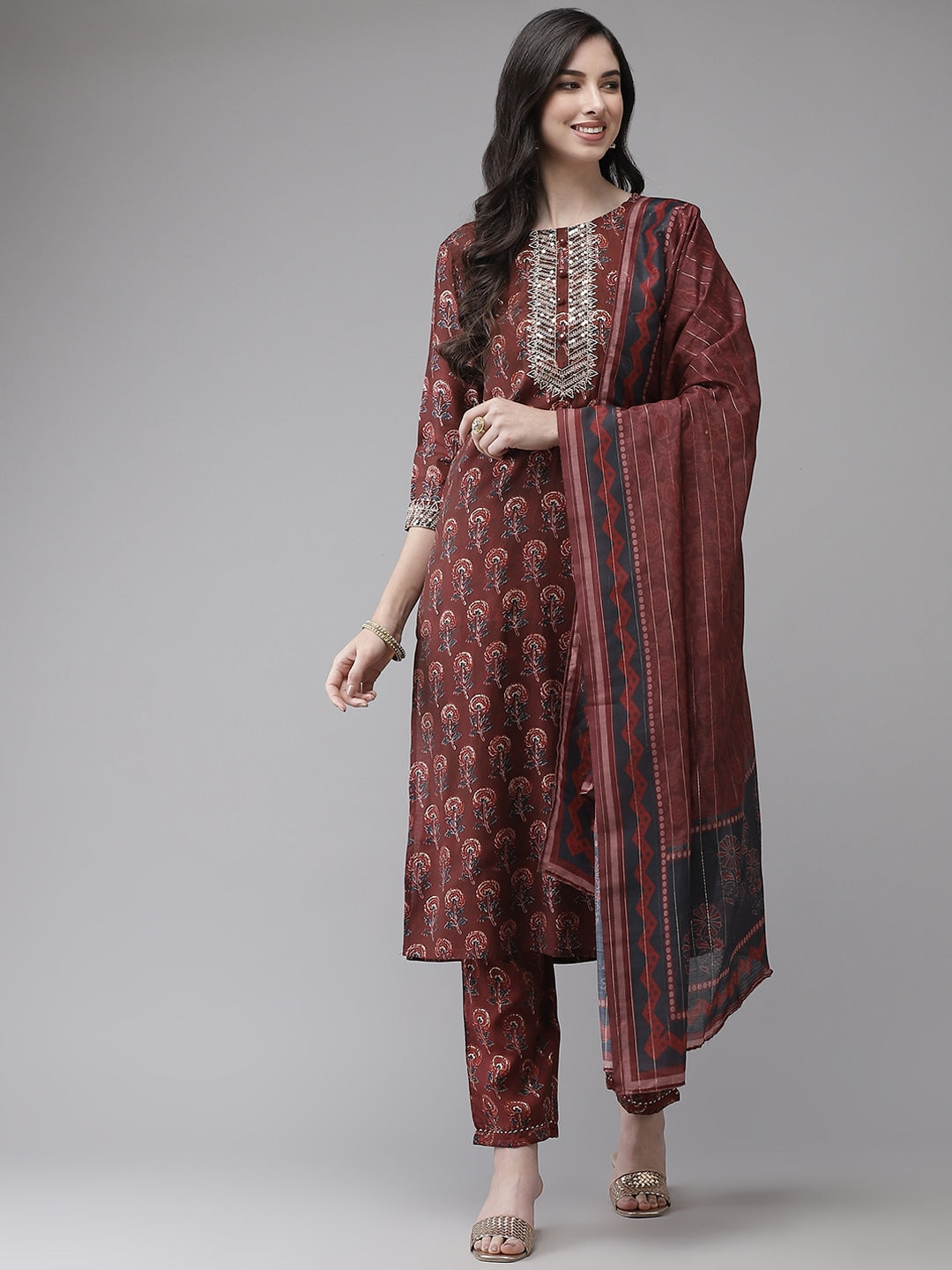 Maroon Floral Printed Dupatta Set-Yufta Store-9435SKDMRS