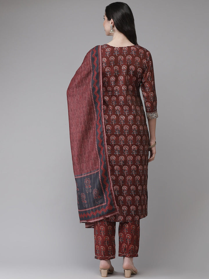 Maroon Floral Printed Dupatta Set-Yufta Store-9435SKDMRS