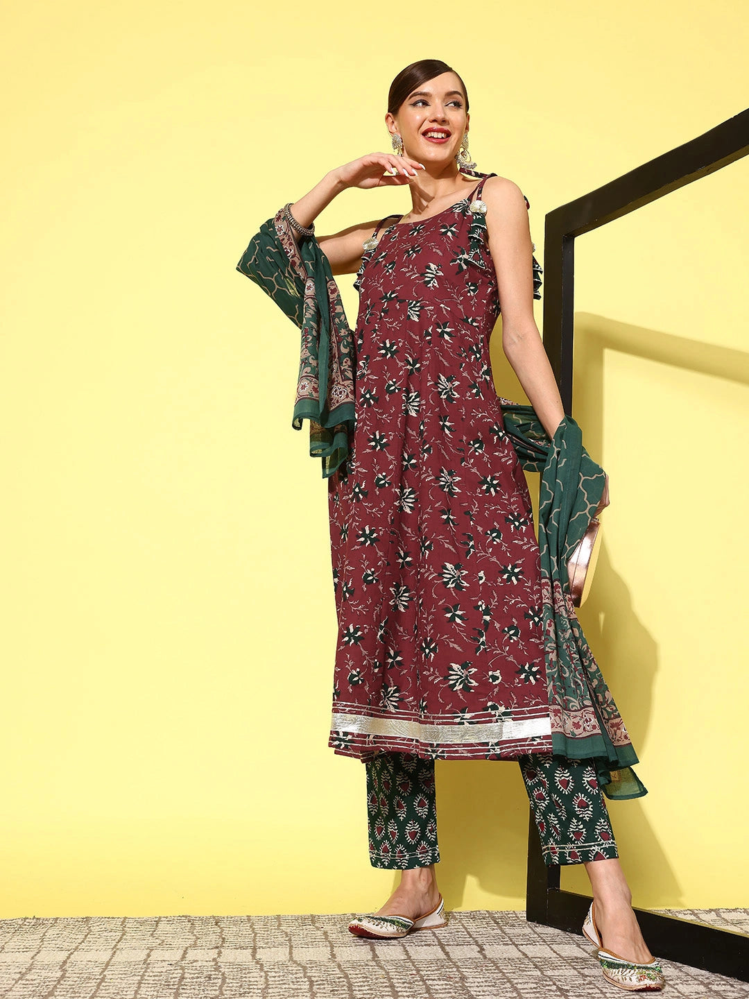 Maroon Floral Printed Pleated Pure Cotton Kurta with Trousers & Dupatta-Yufta Store-1428SKDMRS