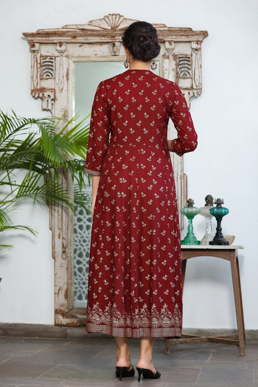 Maroon & Gold Floral Printed Dress-Yufta Store-9057DRSMRS