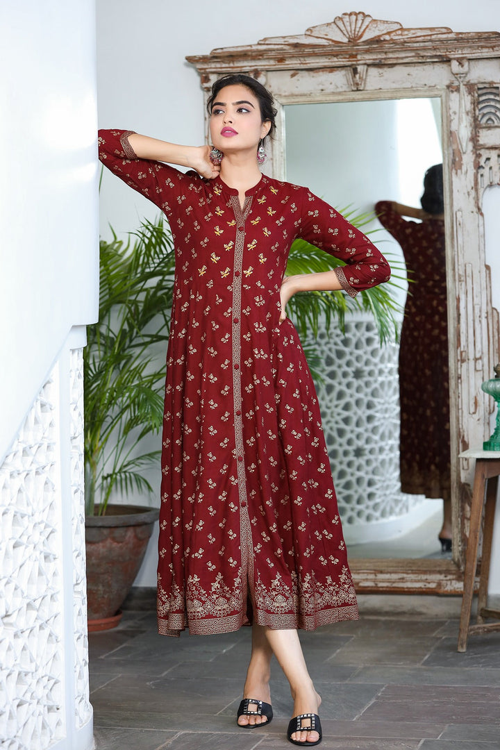 Maroon & Gold Floral Printed Dress-Yufta Store-9057DRSMRS