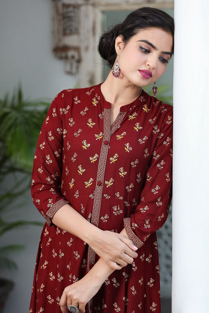 Maroon & Gold Floral Printed Dress-Yufta Store-9057DRSMRS