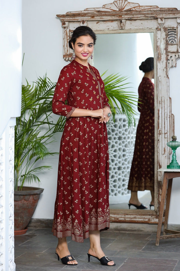 Maroon & Gold Floral Printed Dress-Yufta Store-9057DRSMRS