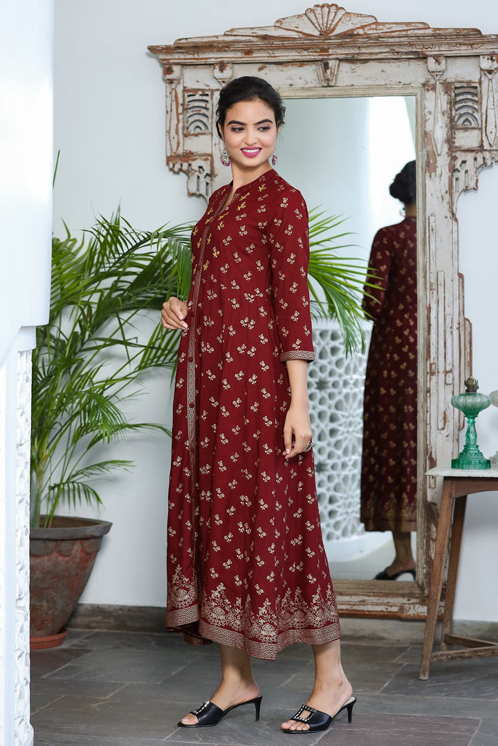 Maroon & Gold Floral Printed Dress-Yufta Store-9057DRSMRS