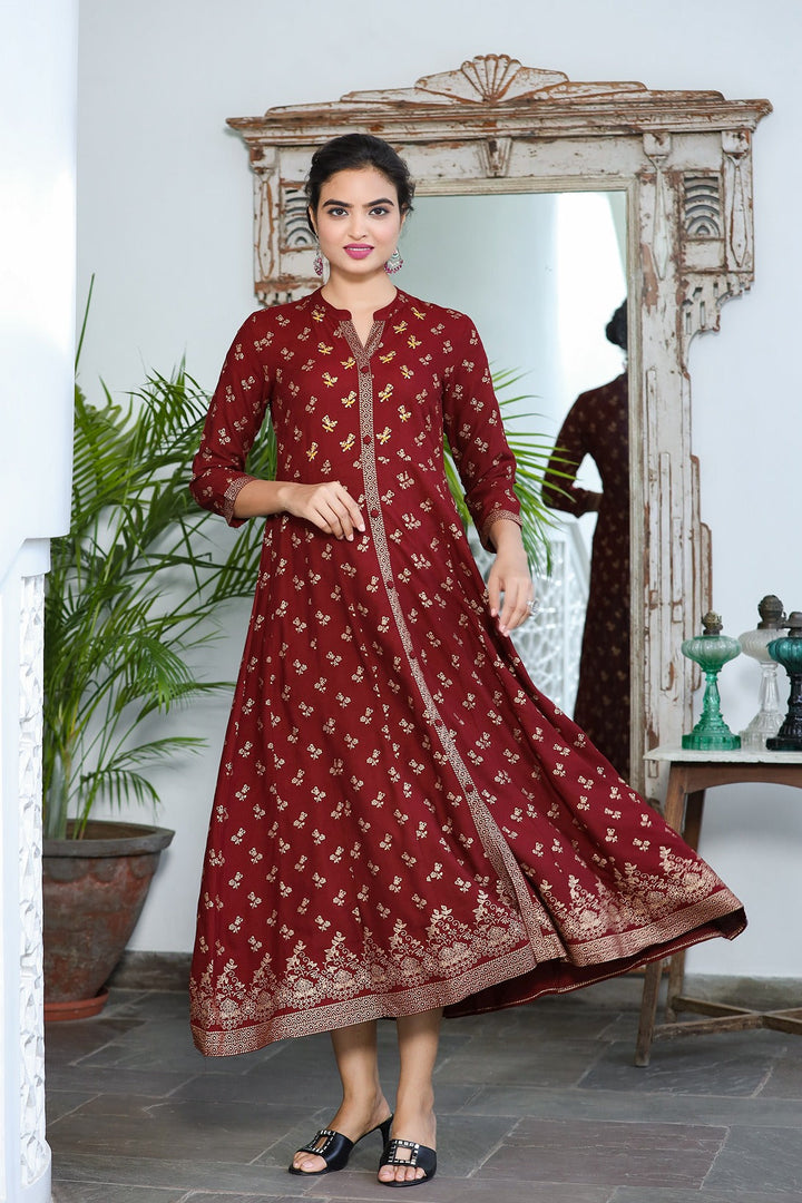 Maroon & Gold Floral Printed Dress-Yufta Store-9057DRSMRS