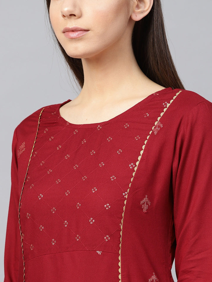 Maroon & Golden A-Line Kurta-Yufta Store-637KURRDS