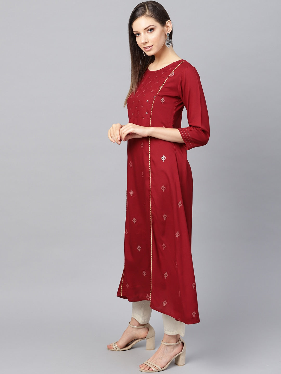 Maroon & Golden A-Line Kurta-Yufta Store-637KURRDS