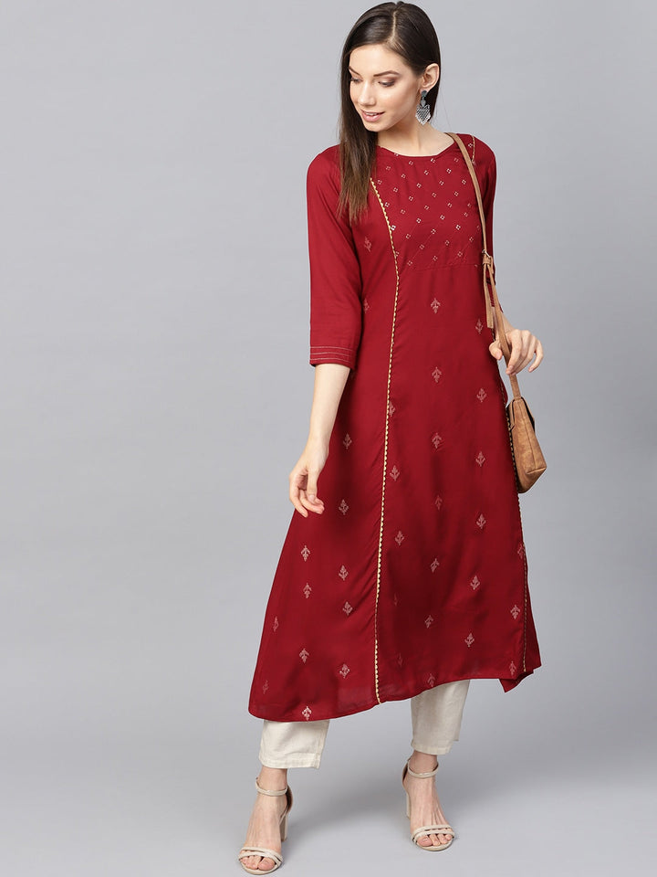 Maroon & Golden A-Line Kurta-Yufta Store-637KURRDS