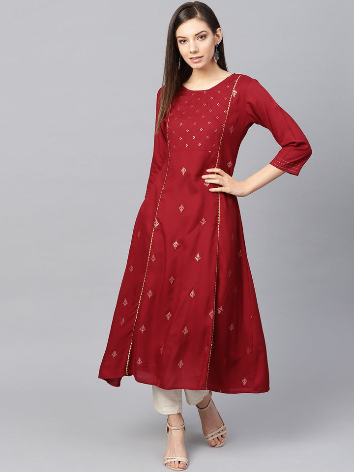 Maroon & Golden A-Line Kurta-Yufta Store-637KURRDS