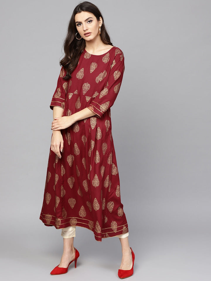 Maroon & Golden A-Line Kurta