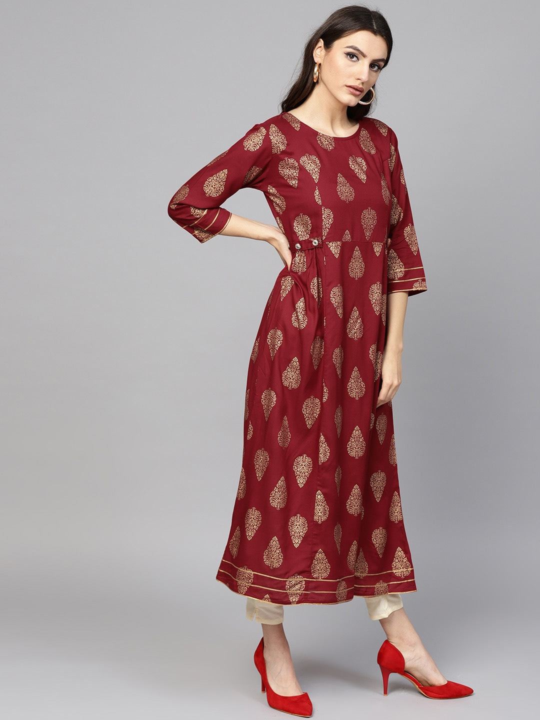 Maroon & Golden A-Line Kurta