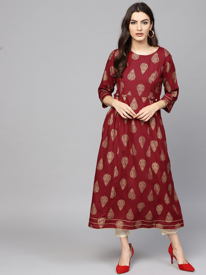 Maroon & Golden A-Line Kurta-Yufta Store-DBNWKU1567MRS