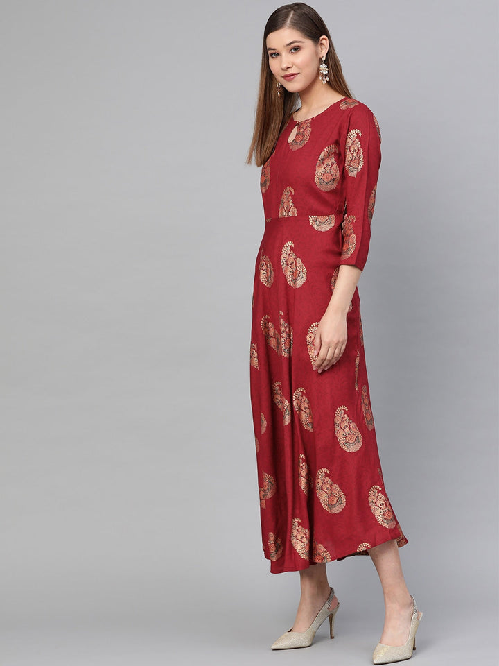 Maroon & Golden Printed Dress-Yufta Store-2610KURMRS