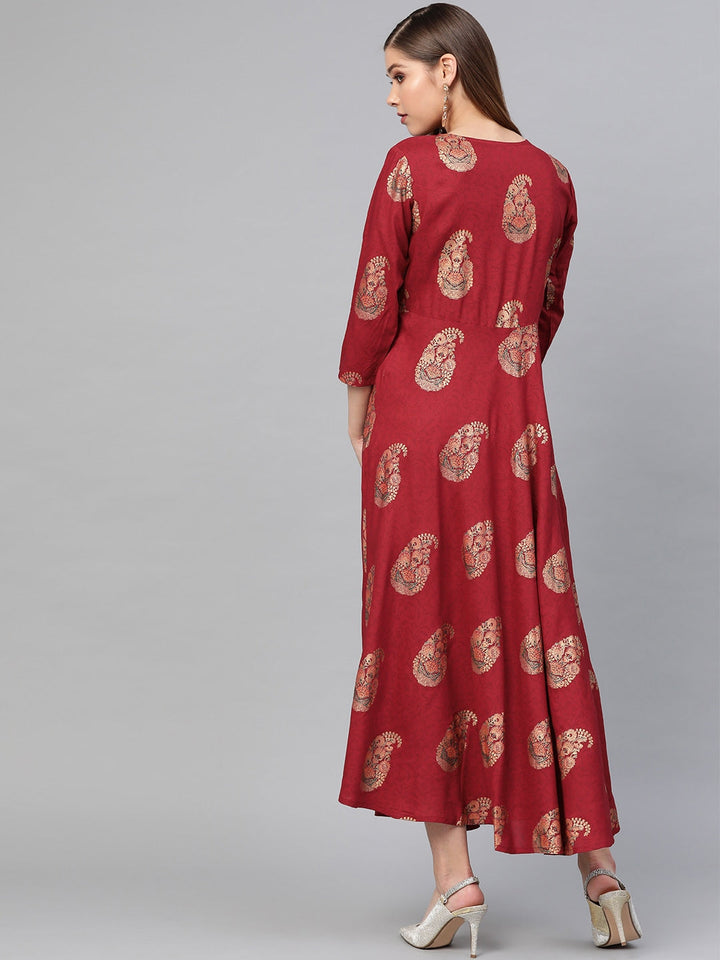 Maroon & Golden Printed Dress-Yufta Store-2610KURMRS