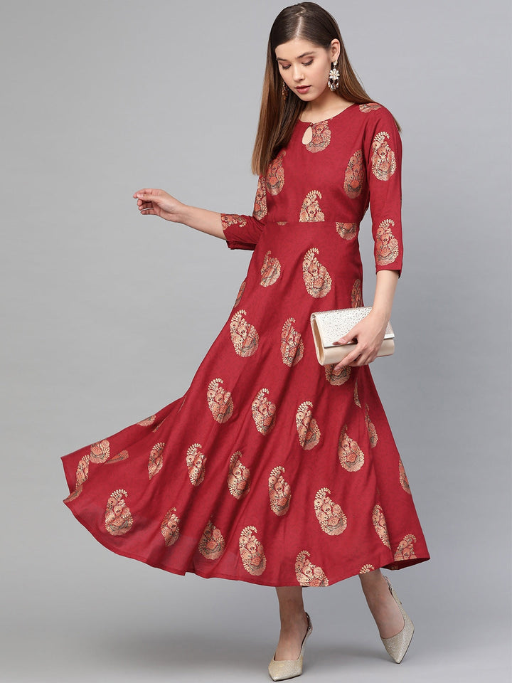 Maroon & Golden Printed Dress-Yufta Store-2610KURMRS