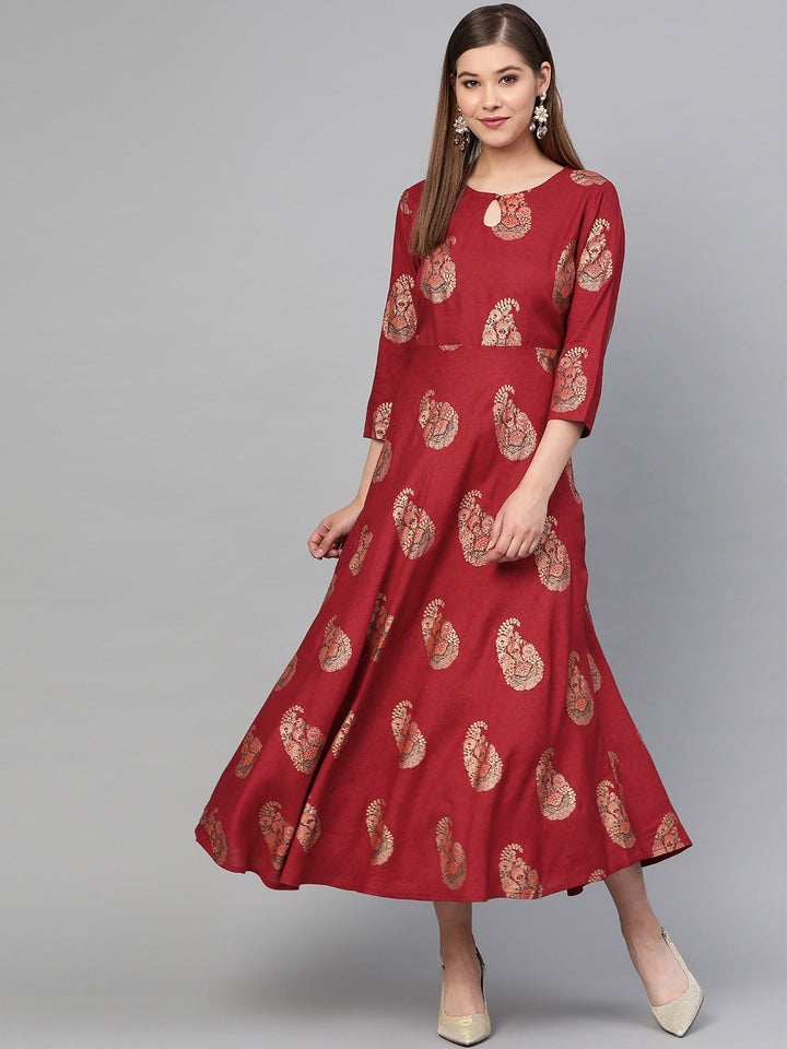 Maroon & Golden Printed Dress-Yufta Store-2610KURMRS