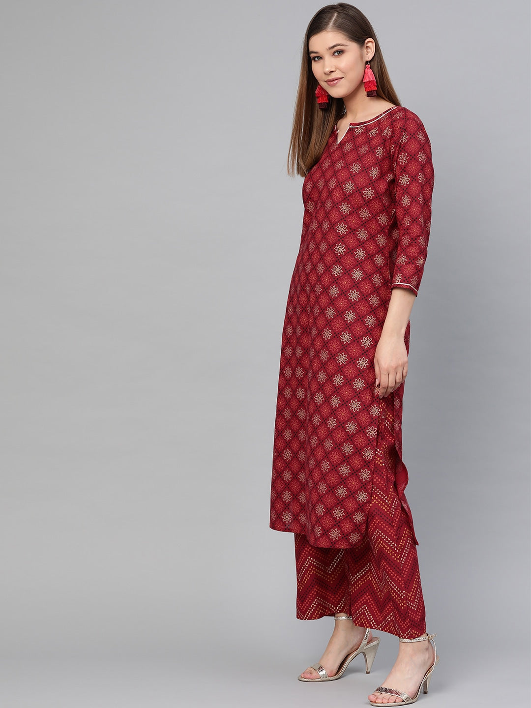 Maroon & Golden Printed Kurta Set