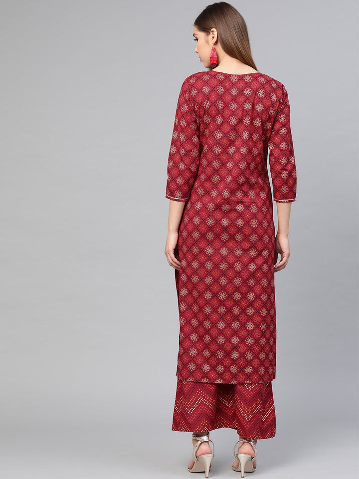 Maroon & Golden Printed Kurta Set-Yufta Store-7103SETMRS