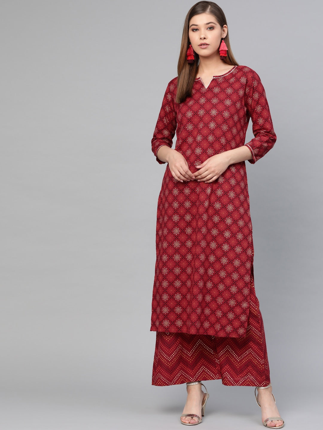 Maroon & Golden Printed Kurta Set