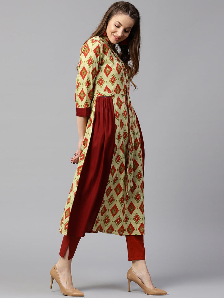 Maroon & Green A-Line Kurta-Yufta Store-DBNWKU1542GRNS