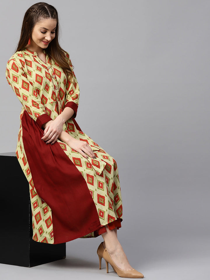 Maroon & Green A-Line Kurta-Yufta Store-DBNWKU1542GRNS