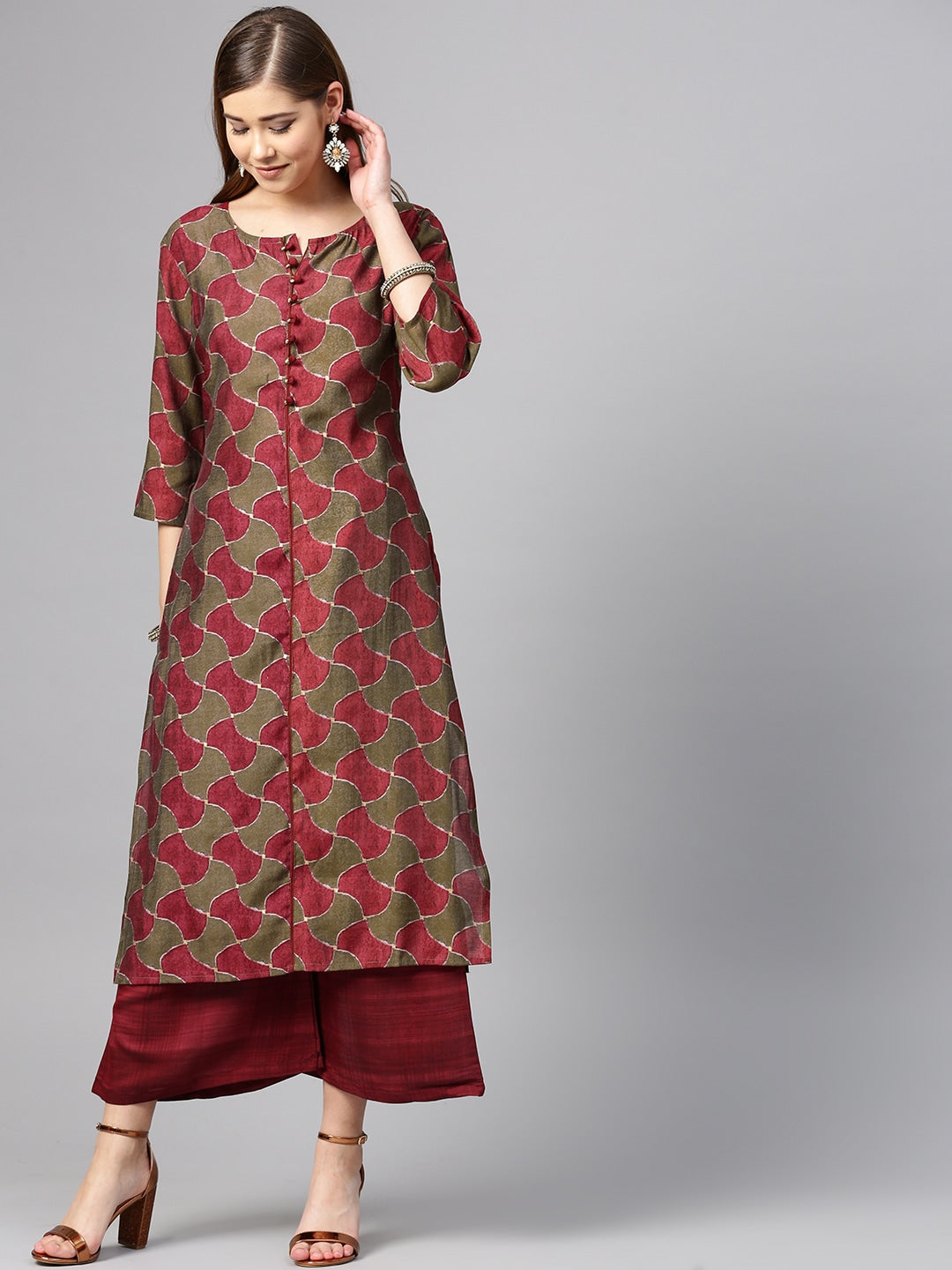 Maroon & Green Printed Kurta Set-Yufta Store-YUFNSET2022KUS