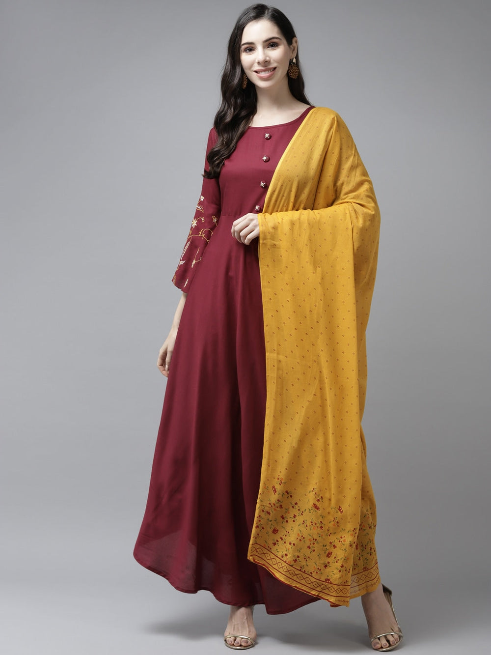 Maroon & Mustard Maxi Dress & Dupatta