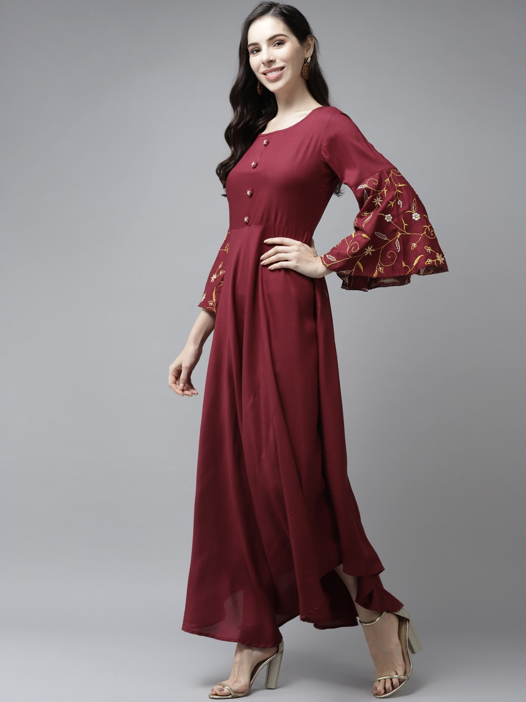 Maroon & Mustard Maxi Dress & Dupatta-Yufta Store-9479DRSMRS