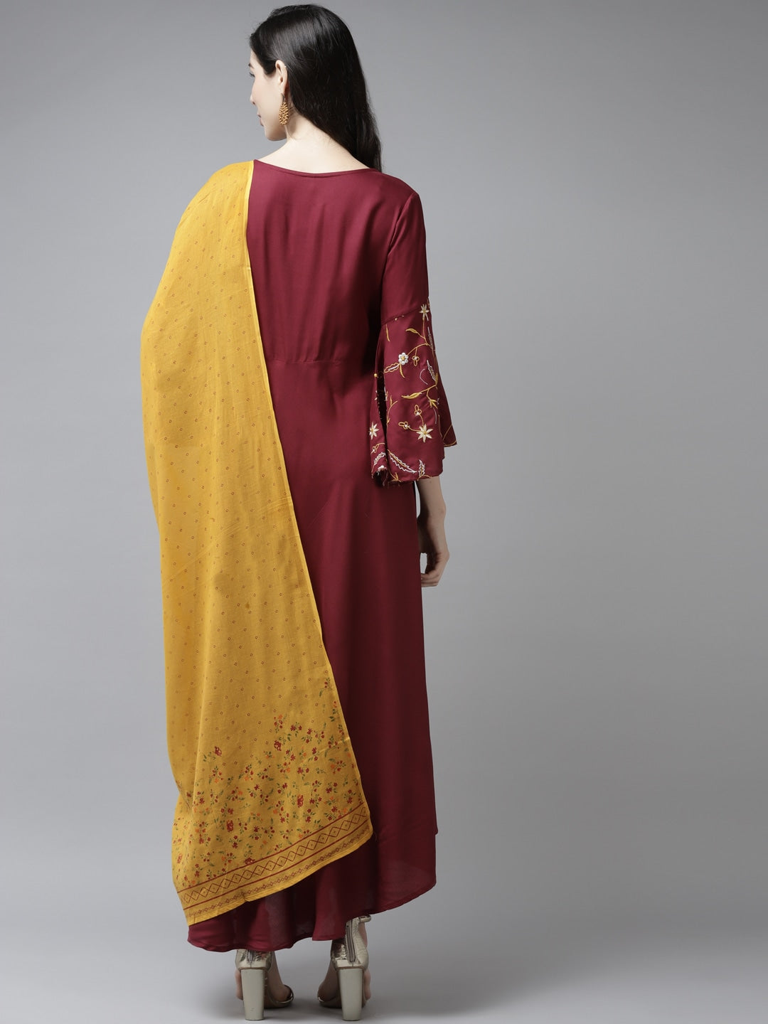 Maroon & Mustard Maxi Dress & Dupatta-Yufta Store-9479DRSMRS