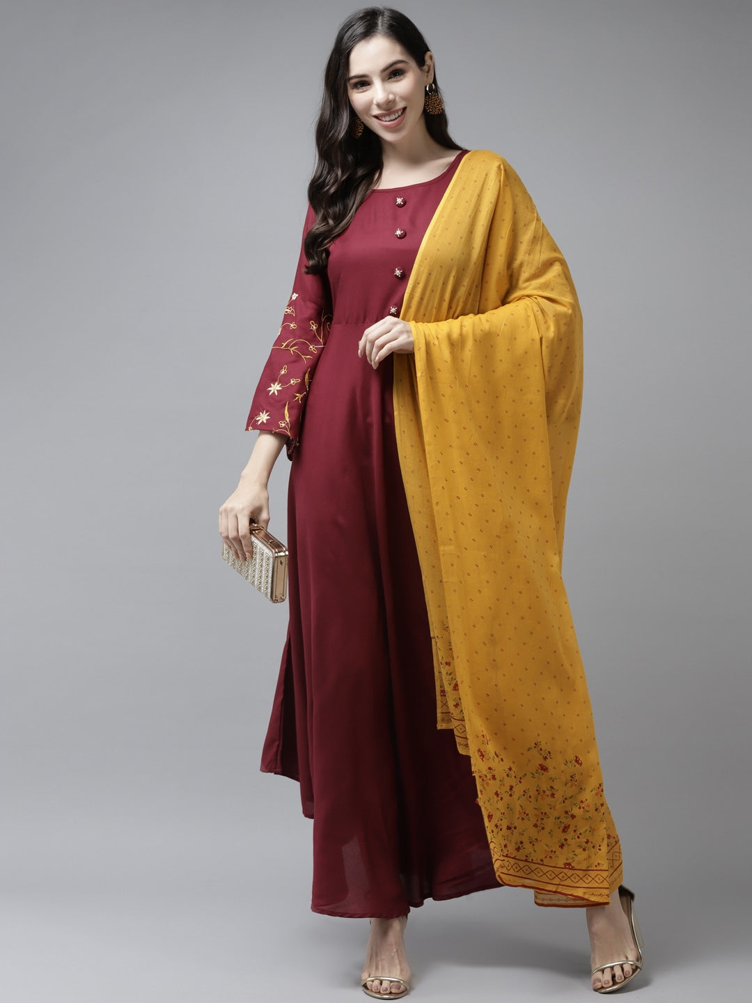 Maroon & Mustard Maxi Dress & Dupatta