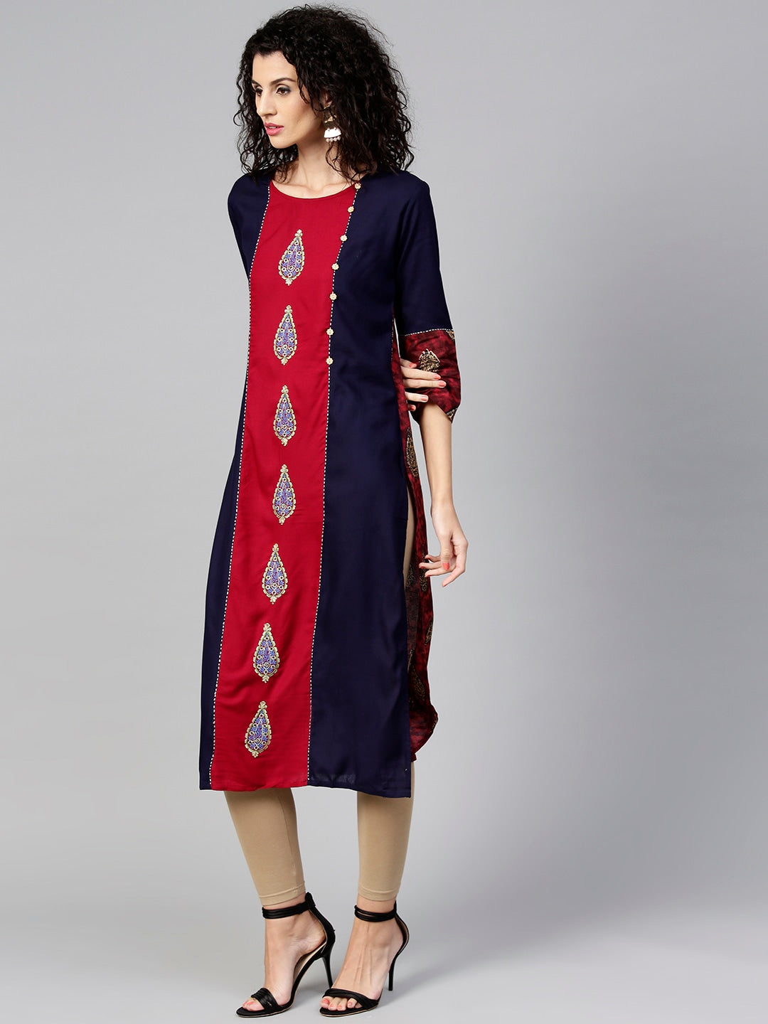 Maroon & Navy Blue Printed Kurta-Yufta Store-DBPWKU1559MaroonS