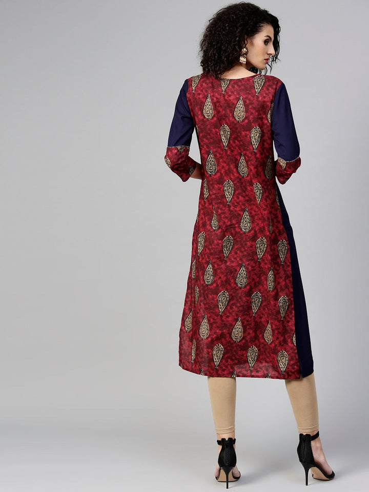 Maroon & Navy Blue Printed Kurta-Yufta Store-DBPWKU1559MaroonS