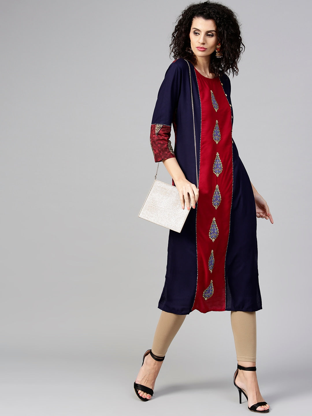 Maroon & Navy Blue Printed Kurta-Yufta Store-DBPWKU1559MaroonS