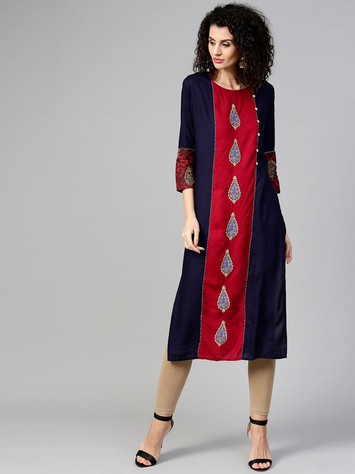 Maroon & Navy Blue Printed Kurta-Yufta Store-DBPWKU1559MaroonS