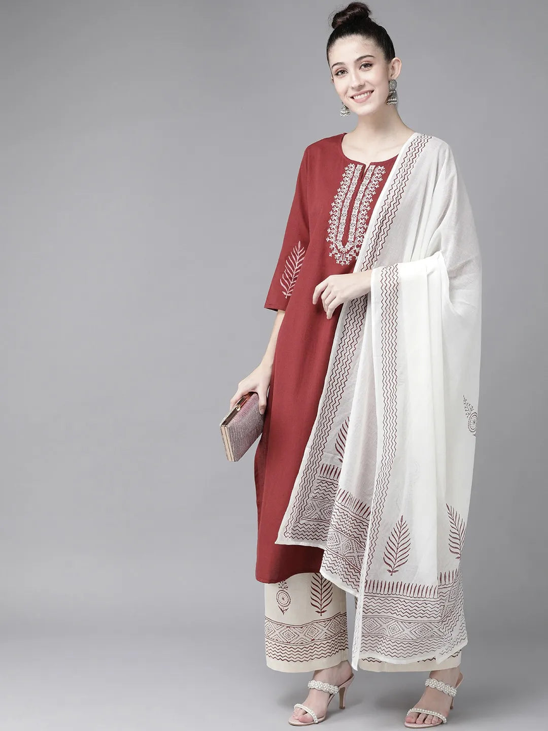 Maroon & Offwhite Embroidered Dupatta Set