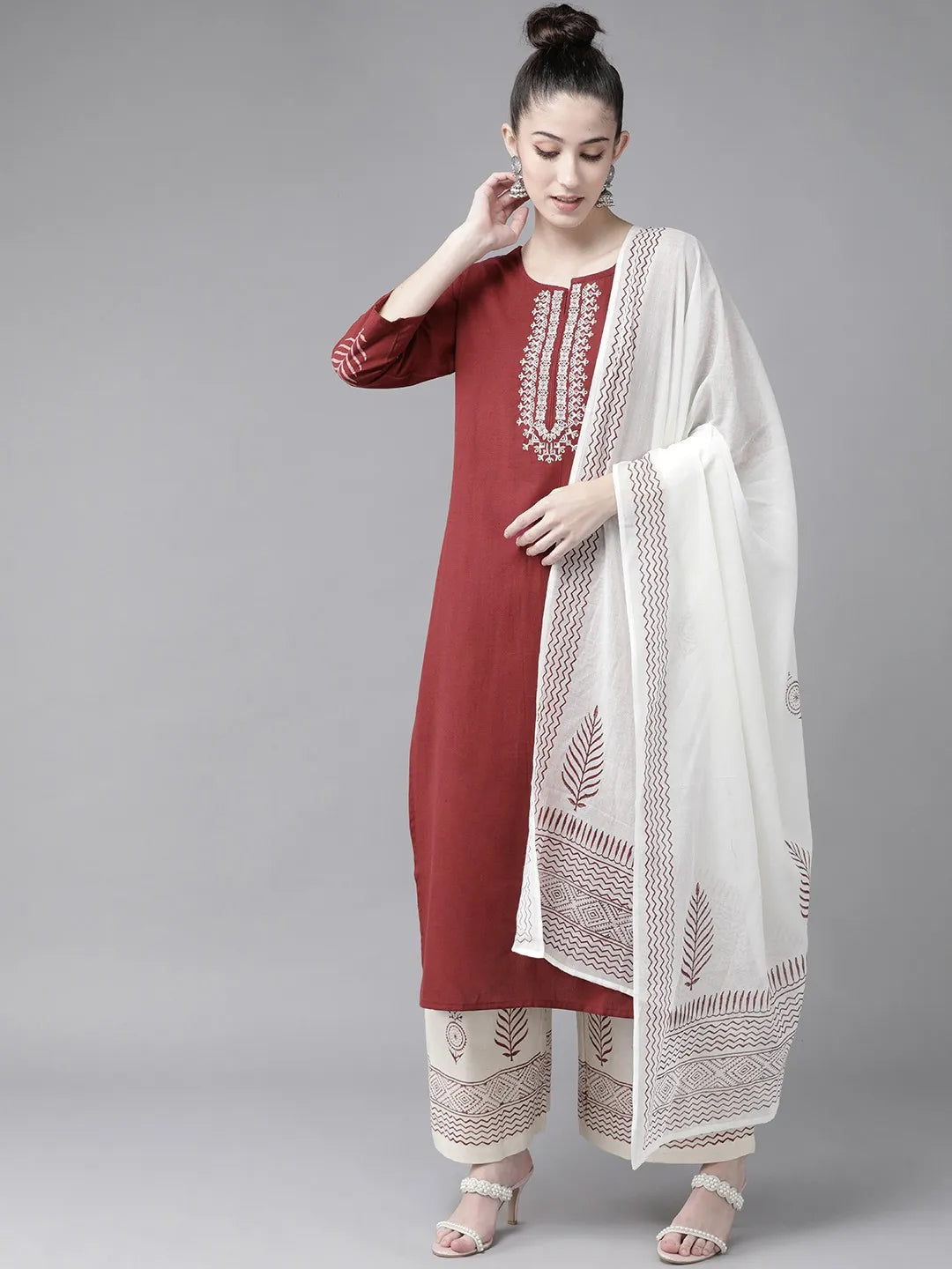 Maroon & Offwhite Embroidered Dupatta Set