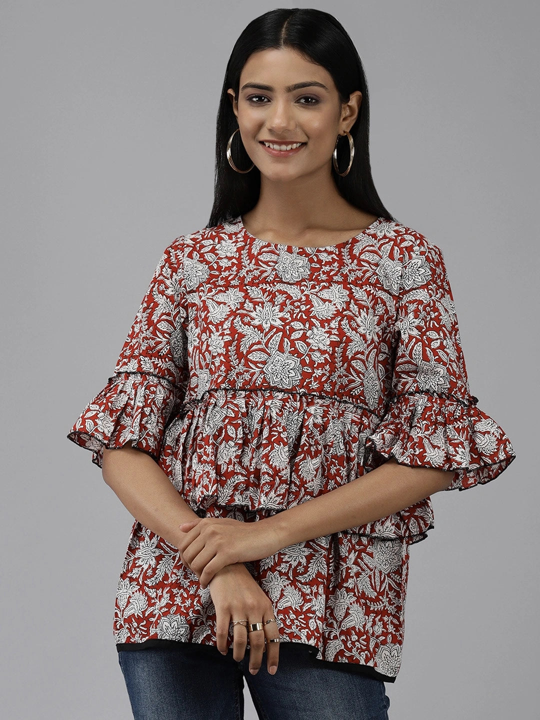 Maroon & Offwhite Printed Top-Yufta Store-7745TOPRDXS